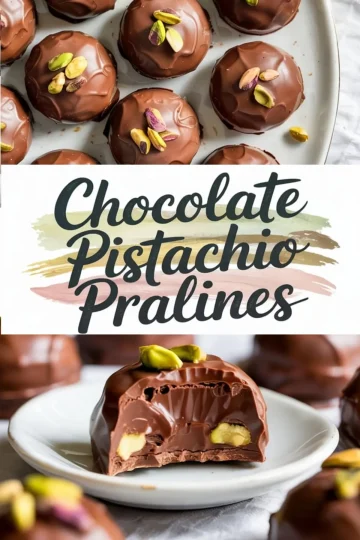 Collage image showing chocolate pistachio pralines garnished with pistachio pieces, center text reading “Chocolate Pistachio Pralines,” and a close-up of a halved praline revealing the nut-filled center.