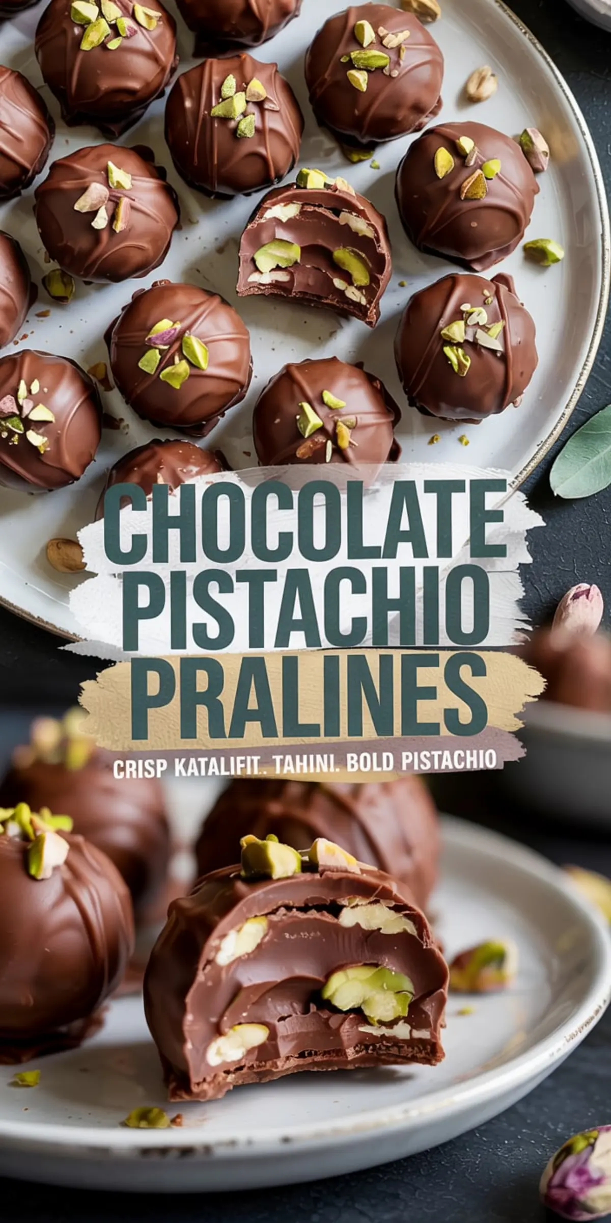 Plate of chocolate pistachio pralines topped with crushed pistachios, with one praline cut open to show layers of creamy chocolate and whole nuts, text overlay reading “Chocolate Pistachio Pralines.”