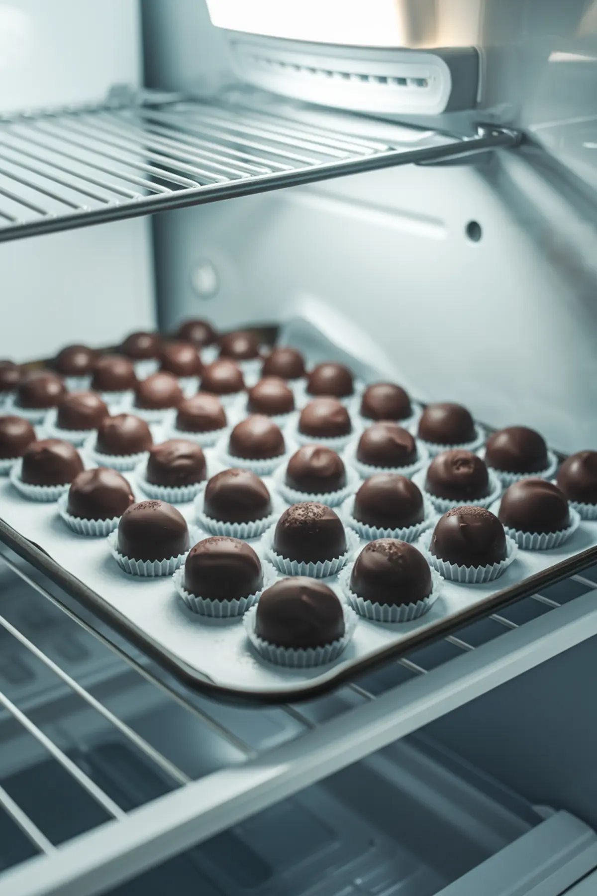 Baking tray lined with parchment paper inside a refrigerator, holding rows of round chocolate truffles placed in white paper cups for cooling.