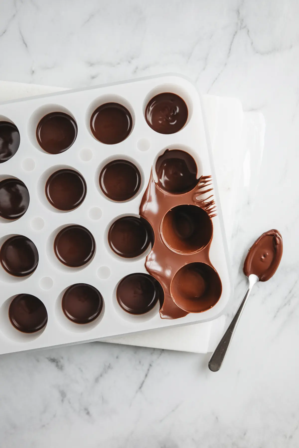 Silicone chocolate mold tray partially filled with liquid chocolate, with excess chocolate spread across some cavities and a spoon resting nearby.