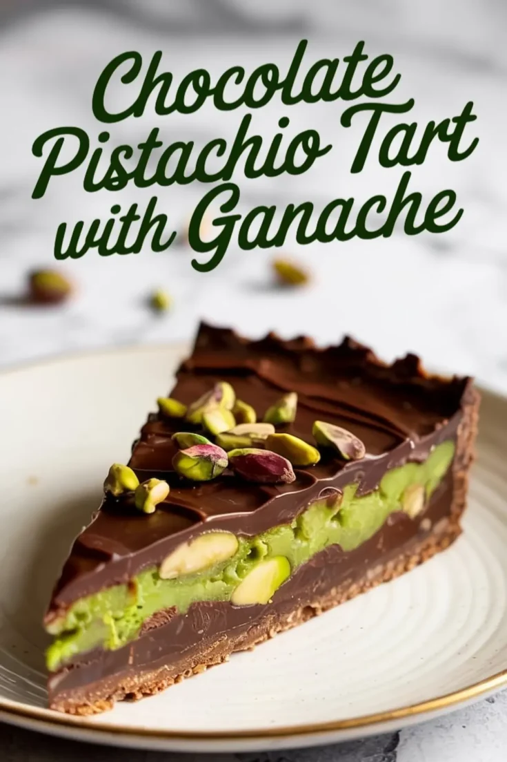 A slice of chocolate pistachio tart topped with whole pistachios and text overlay reading “Chocolate Pistachio Tart with Ganache,” highlighting a dessert recipe visual.