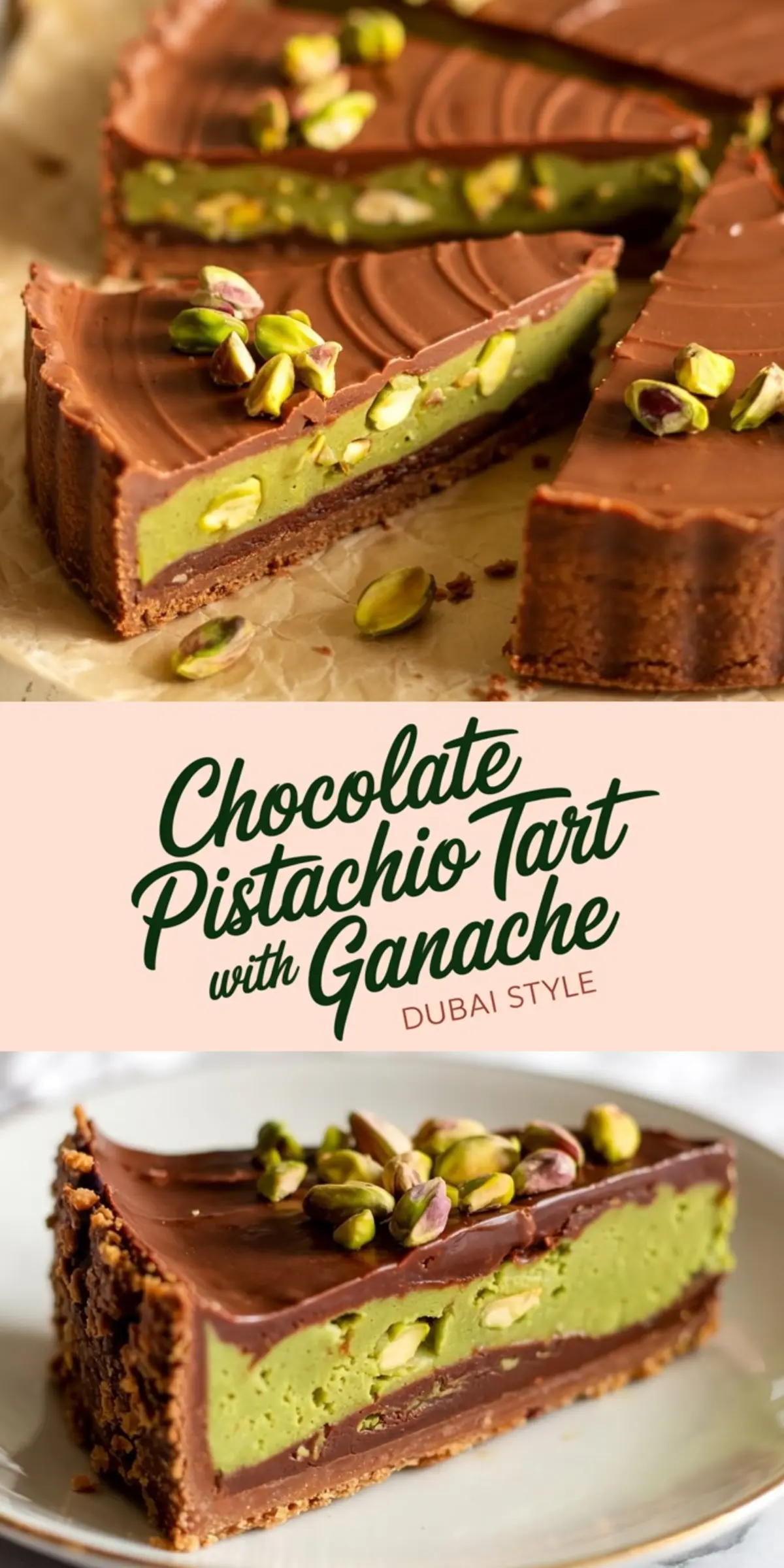 Collage image with close-ups of chocolate pistachio tart slices on parchment and plate, combined with text reading “Chocolate Pistachio Tart with Ganache Dubai Style” for a visually rich recipe showcase.