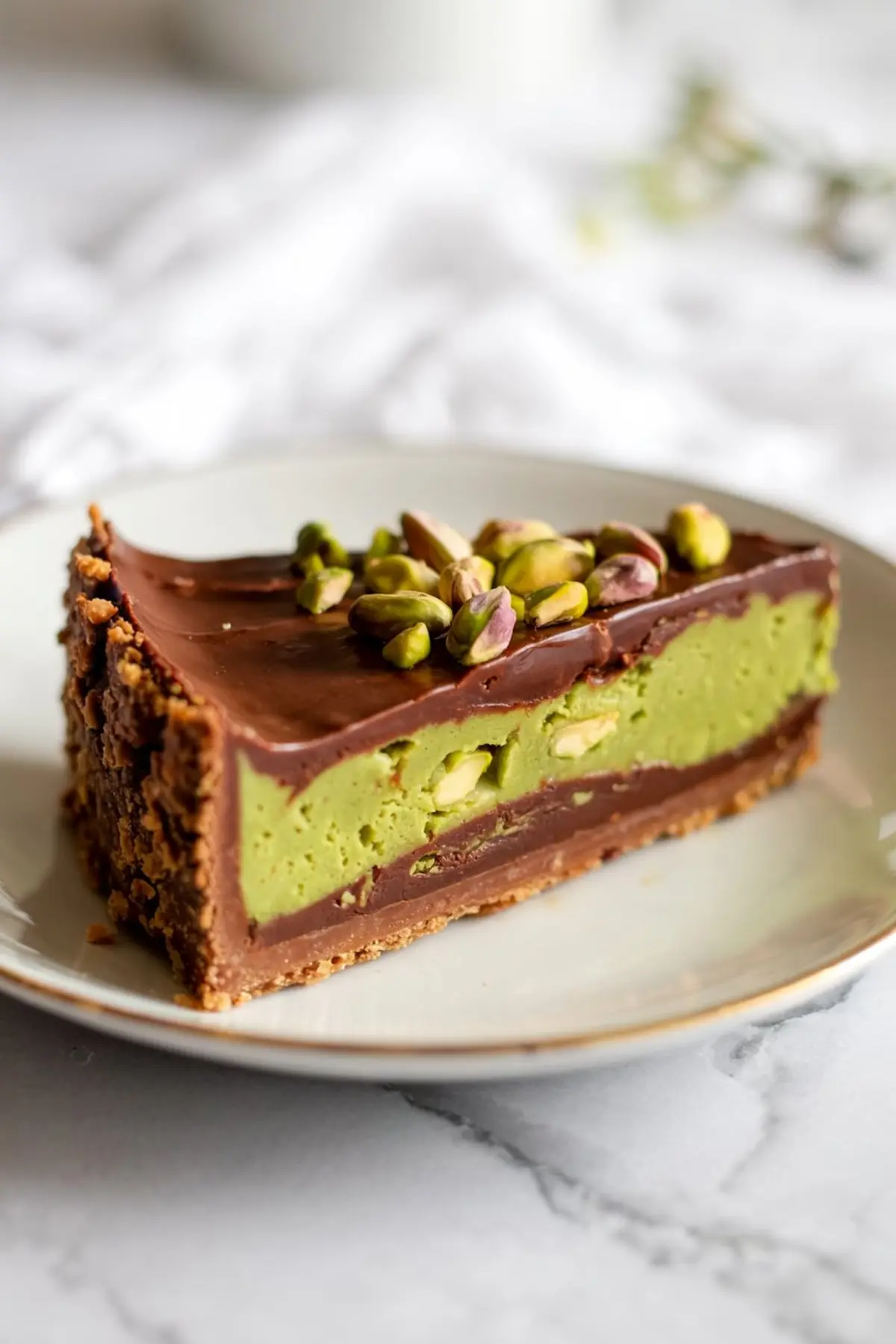 A close-up of a slice of chocolate pistachio tart with a rich ganache layer, vibrant green pistachio filling, and whole pistachios on top, served on a ceramic plate with a marble background.