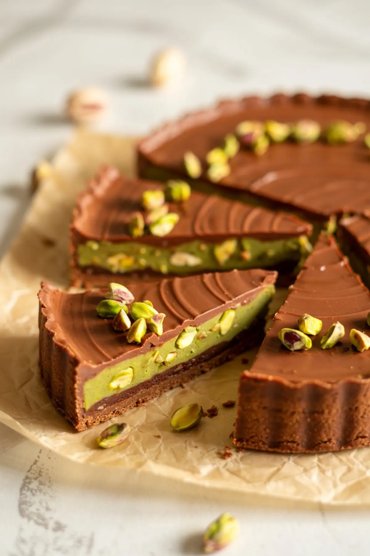 Overhead view of a sliced chocolate pistachio tart with a glossy ganache top and pistachios scattered on each piece, presented on parchment paper for a rustic dessert look.