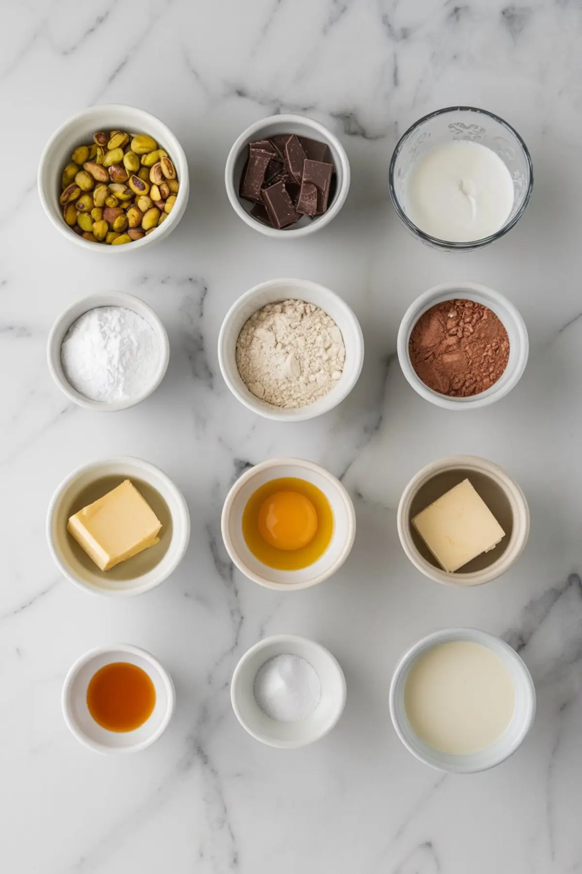 Flat lay of ingredients in small bowls for a chocolate pistachio tart recipe, including pistachios, chocolate chunks, cream, cocoa powder, butter, egg, flour, powdered sugar, vanilla extract, and salt.