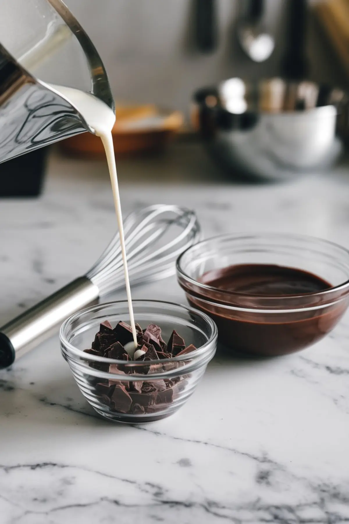 Heavy cream being poured over chopped dark chocolate in a glass bowl, next to a finished ganache and whisk, capturing a ganache-making step.