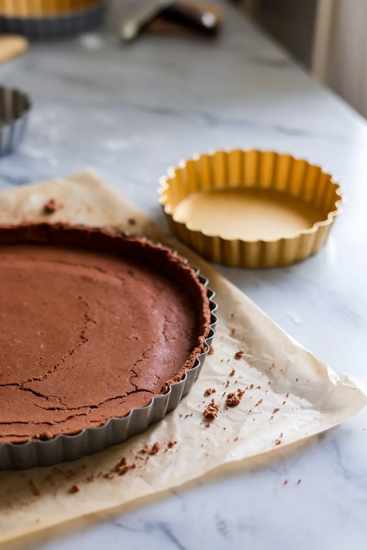 Collage image with close-ups of chocolate pistachio tart slices on parchment and plate, combined with text reading “Chocolate Pistachio Tart with Ganache Dubai Style” for a visually rich recipe showcase.