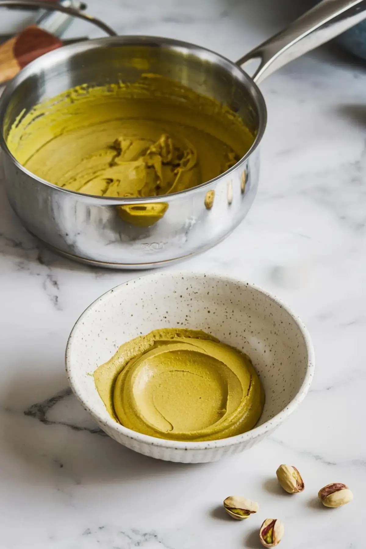 Pistachio paste in a saucepan and a ceramic bowl, showing the creamy green filling base made from blended pistachios.