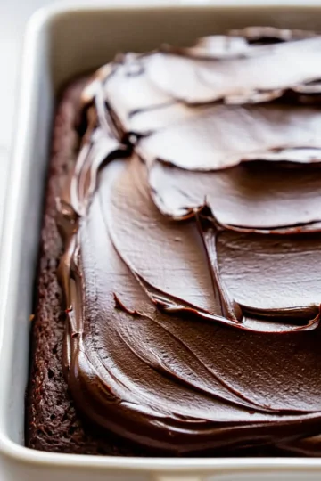 Close-up side angle of a chocolate sheet cake in a white baking dish. The dark chocolate frosting is spread in bold swirls over the dense, moist cake surface.