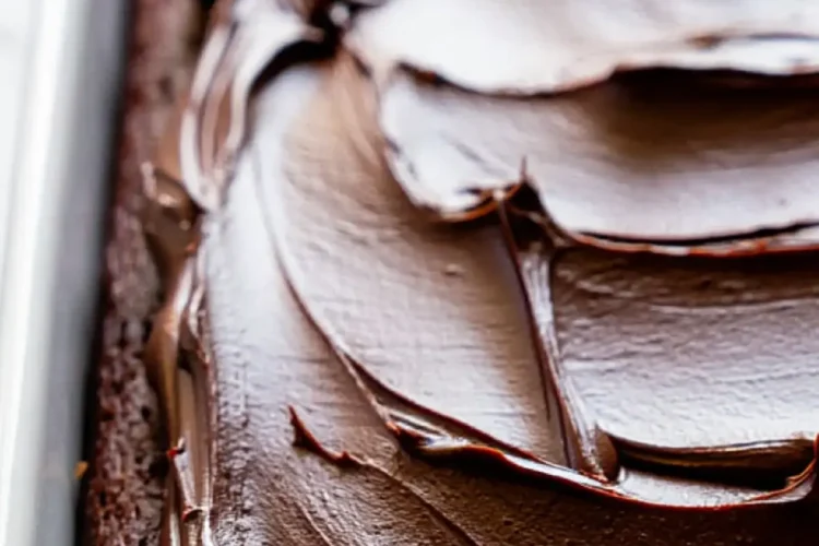 Close-up side angle of a chocolate sheet cake in a white baking dish. The dark chocolate frosting is spread in bold swirls over the dense, moist cake surface.