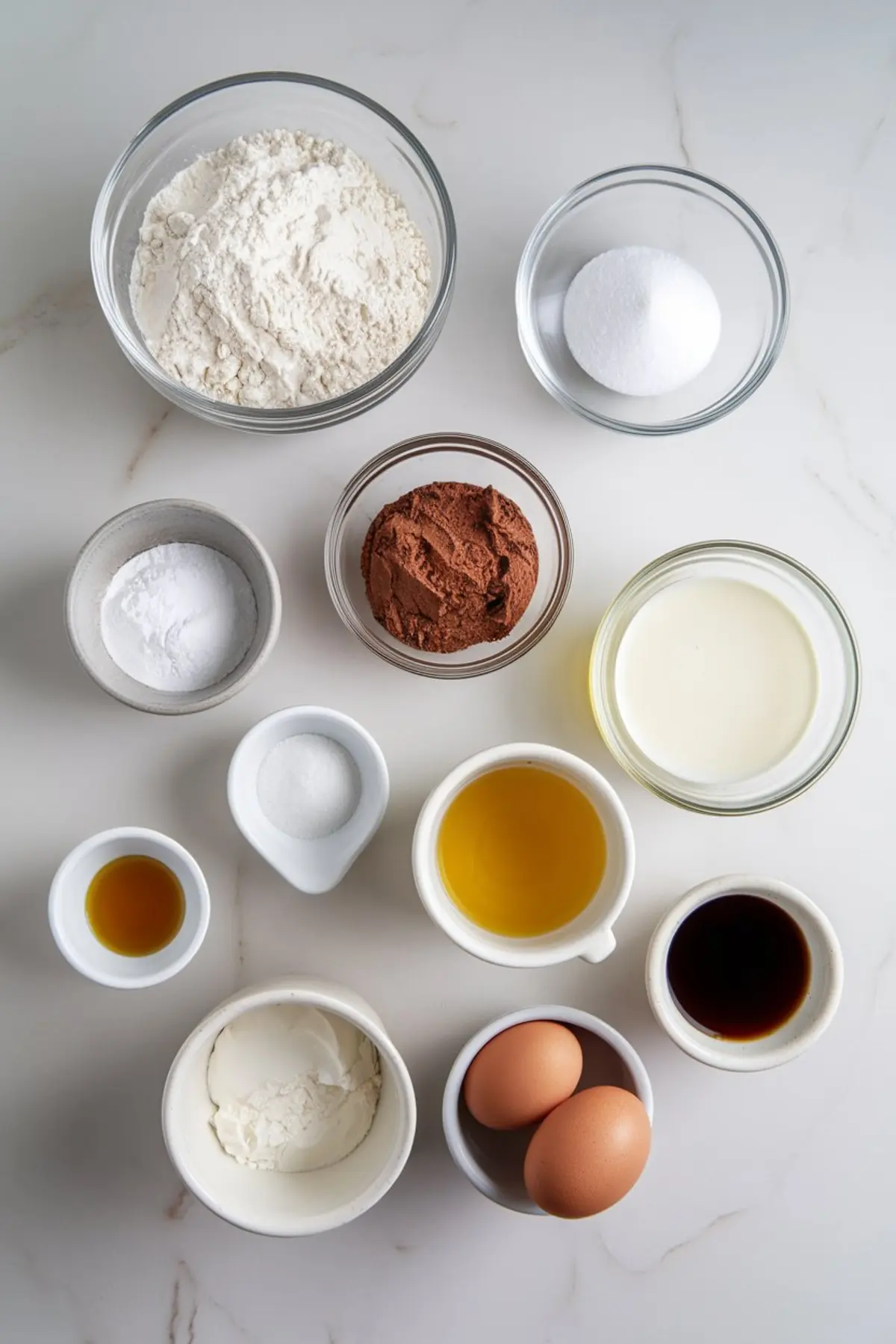 Flat lay of measured baking ingredients in small bowls for a chocolate cake recipe. Includes flour, cocoa powder, sugar, baking soda, vanilla, eggs, sour cream, and oil on a white surface.