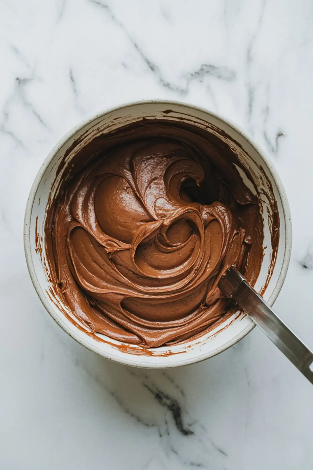 Top-down view of a mixing bowl filled with freshly whipped chocolate frosting. The frosting is swirled smoothly, and a spatula rests along the rim of the bowl.