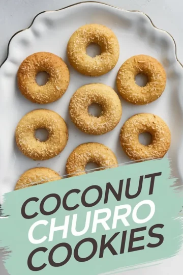 Overhead view of eight golden brown coconut churro cookies arranged neatly on a white scalloped-edge plate, with a bold text overlay reading “Coconut Churro Cookies” in black and white against a mint green brushstroke background.