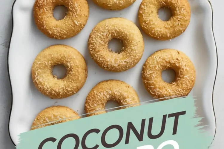 Overhead view of eight golden brown coconut churro cookies arranged neatly on a white scalloped-edge plate, with a bold text overlay reading “Coconut Churro Cookies” in black and white against a mint green brushstroke background.