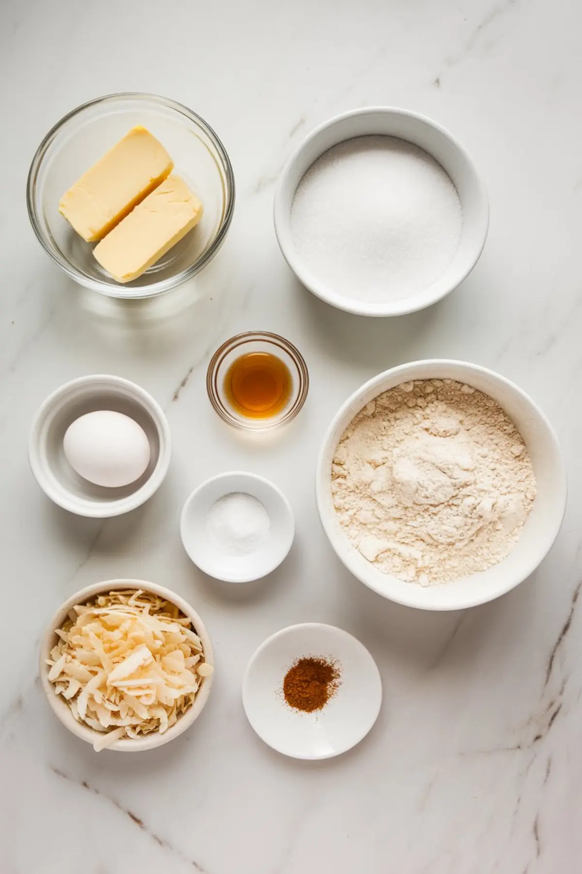 Flat lay of ingredients for coconut churro cookies on a white marble surface, including butter, granulated sugar, egg, vanilla extract, flour, shredded coconut, baking powder, and ground cinnamon in individual bowls.
