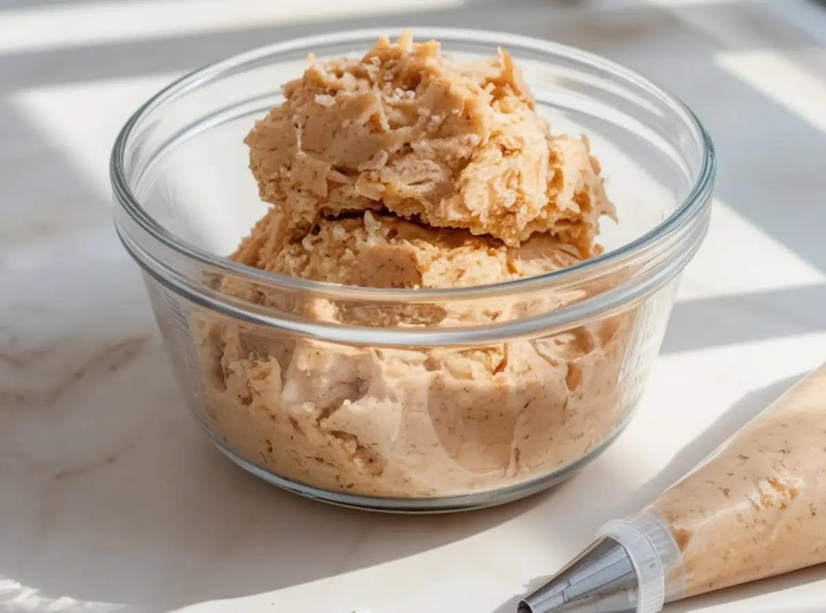 Glass bowl filled with coconut churro cookie dough, showing a rich, textured mixture. A piping bag with matching dough is placed beside the bowl on a sunlit white surface.