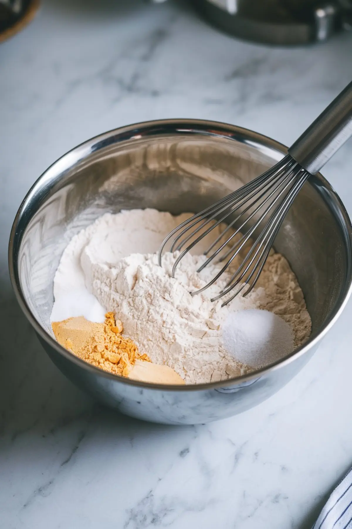 Dry ingredients including flour, sugar, and espresso powder mixed in a stainless steel bowl with a metal whisk, set on a marble countertop in preparation for cookie dough.