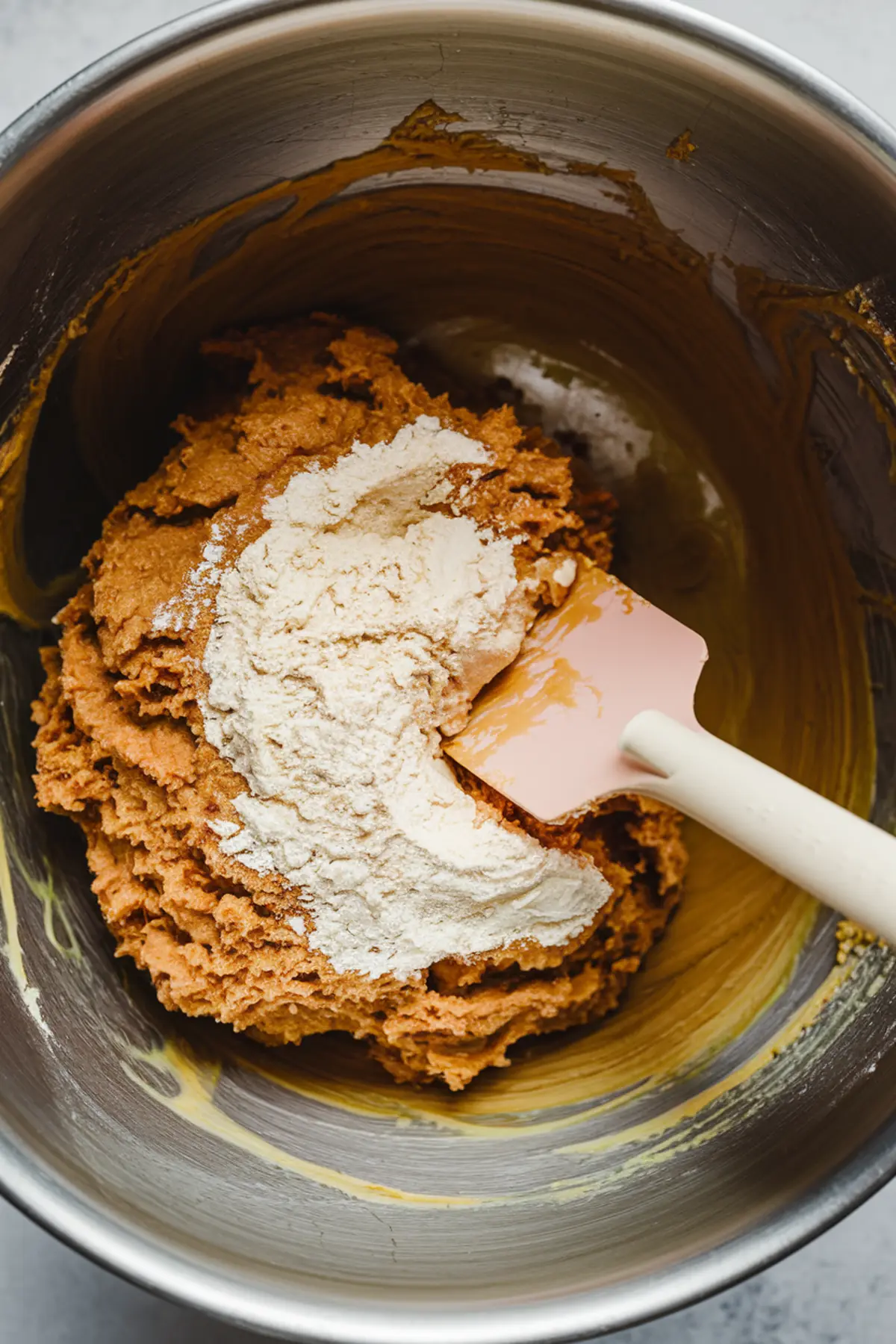 Partially mixed cookie dough in a metal bowl with visible flour on top and a pink spatula, combining wet and dry ingredients for coconut espresso cookies.