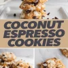 Collage featuring coconut espresso cookies stacked on a tray, text label “Coconut Espresso Cookies,” and detail shots of cookies with melted chocolate and toasted coconut, including a bitten cookie on parchment.