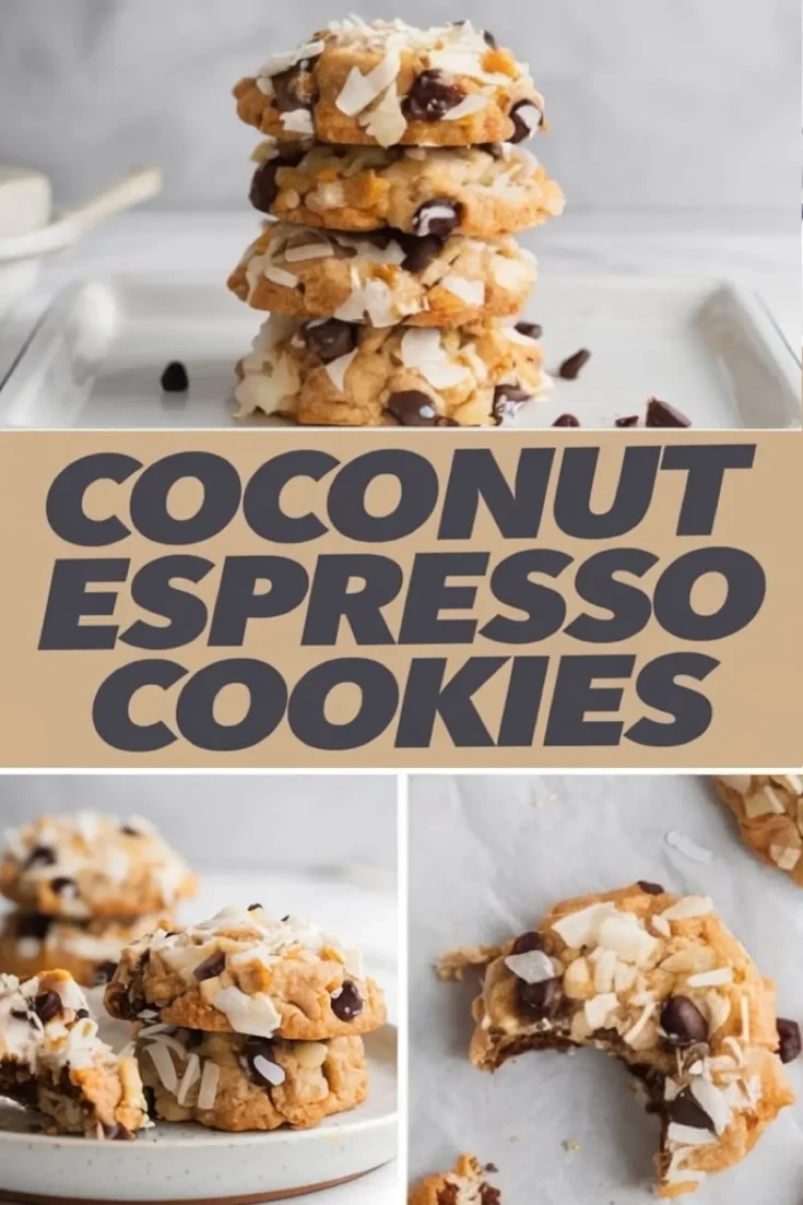 Collage featuring coconut espresso cookies stacked on a tray, text label “Coconut Espresso Cookies,” and detail shots of cookies with melted chocolate and toasted coconut, including a bitten cookie on parchment.