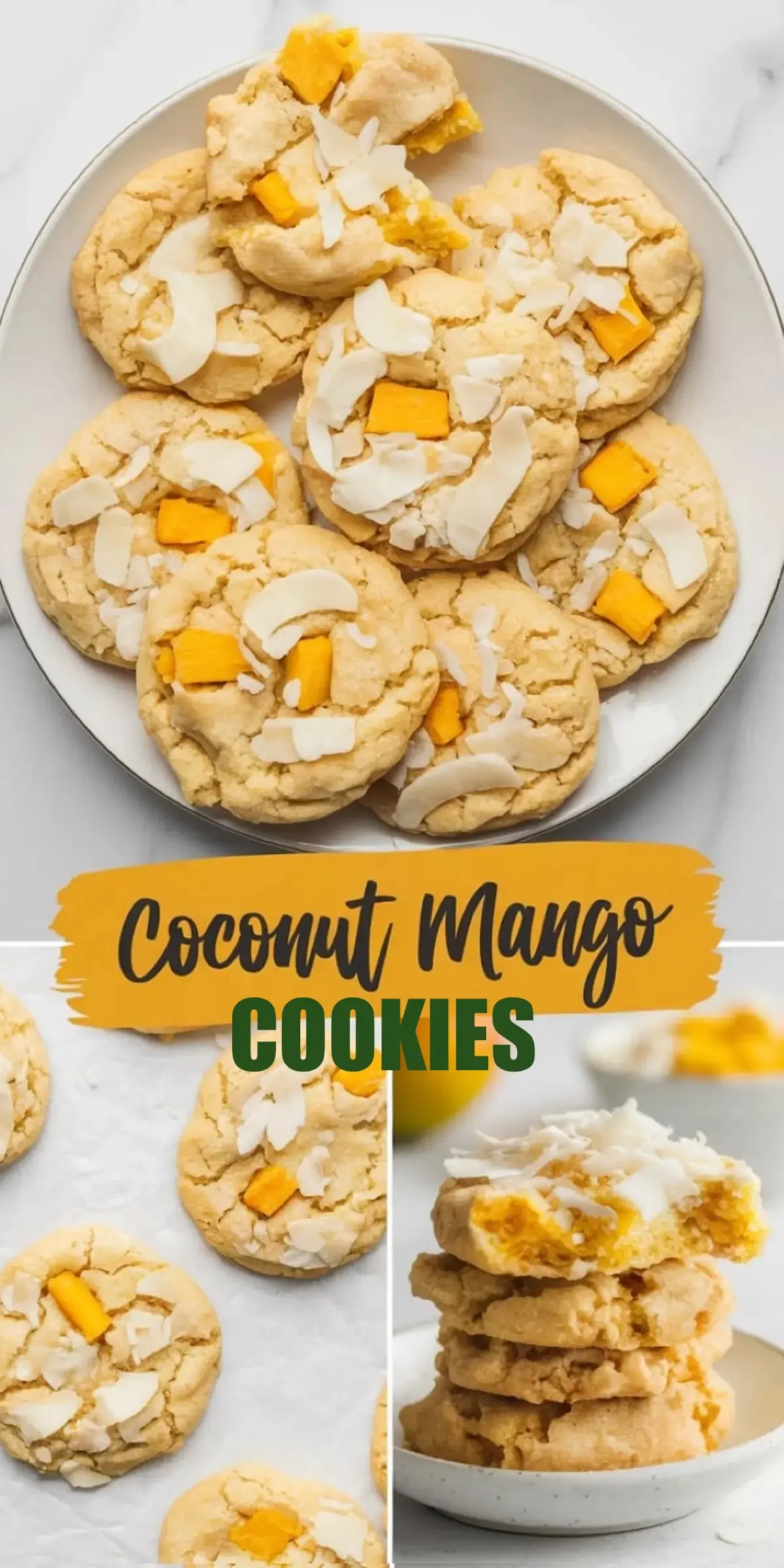 Top view of unbaked coconut mango cookies on a baking tray and a close-up of stacked baked cookies on a plate, topped with mango chunks and coconut flakes, labeled “Coconut Mango Cookies.”