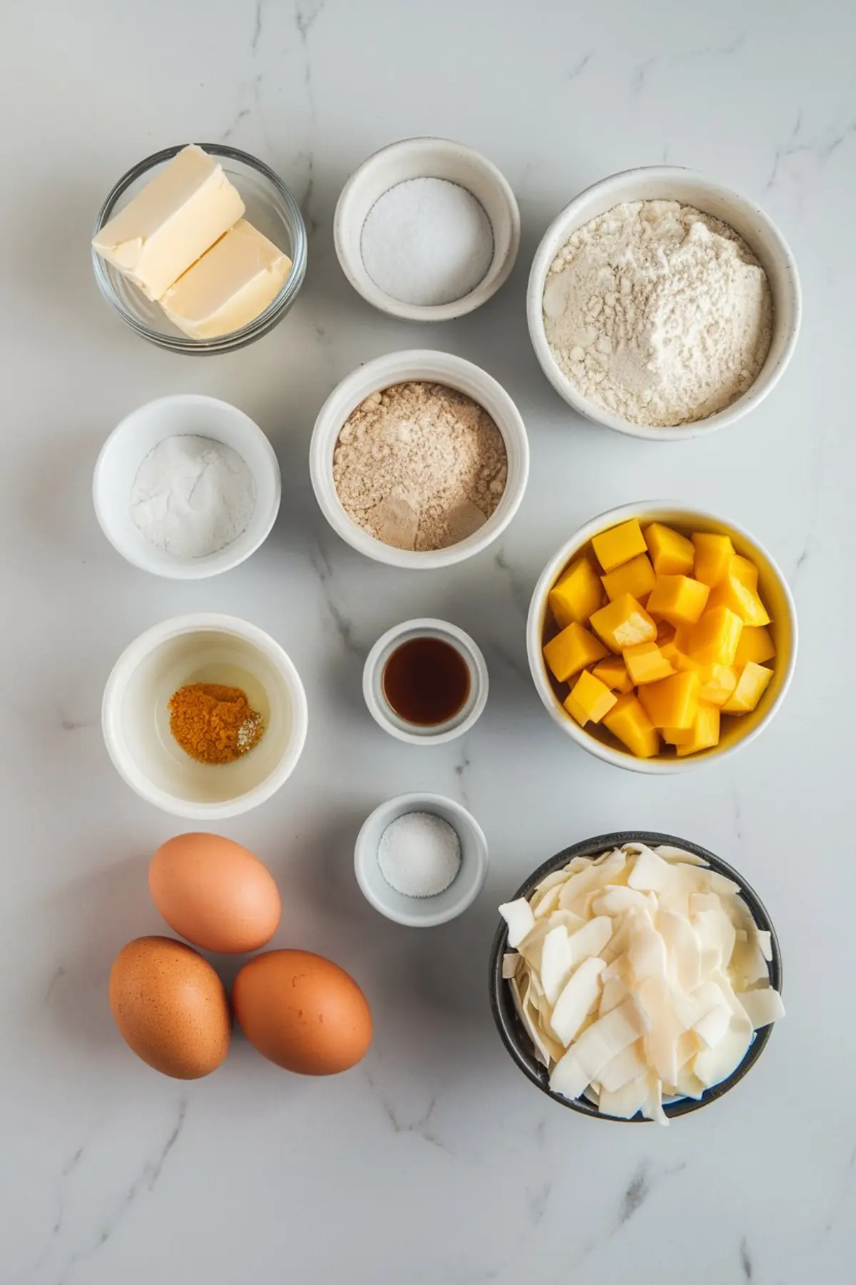 Flat lay of coconut mango cookie ingredients on a marble surface, including flour, sugar, butter, eggs, diced mango, shredded coconut, vanilla extract, baking powder, turmeric, and salt in small bowls.
