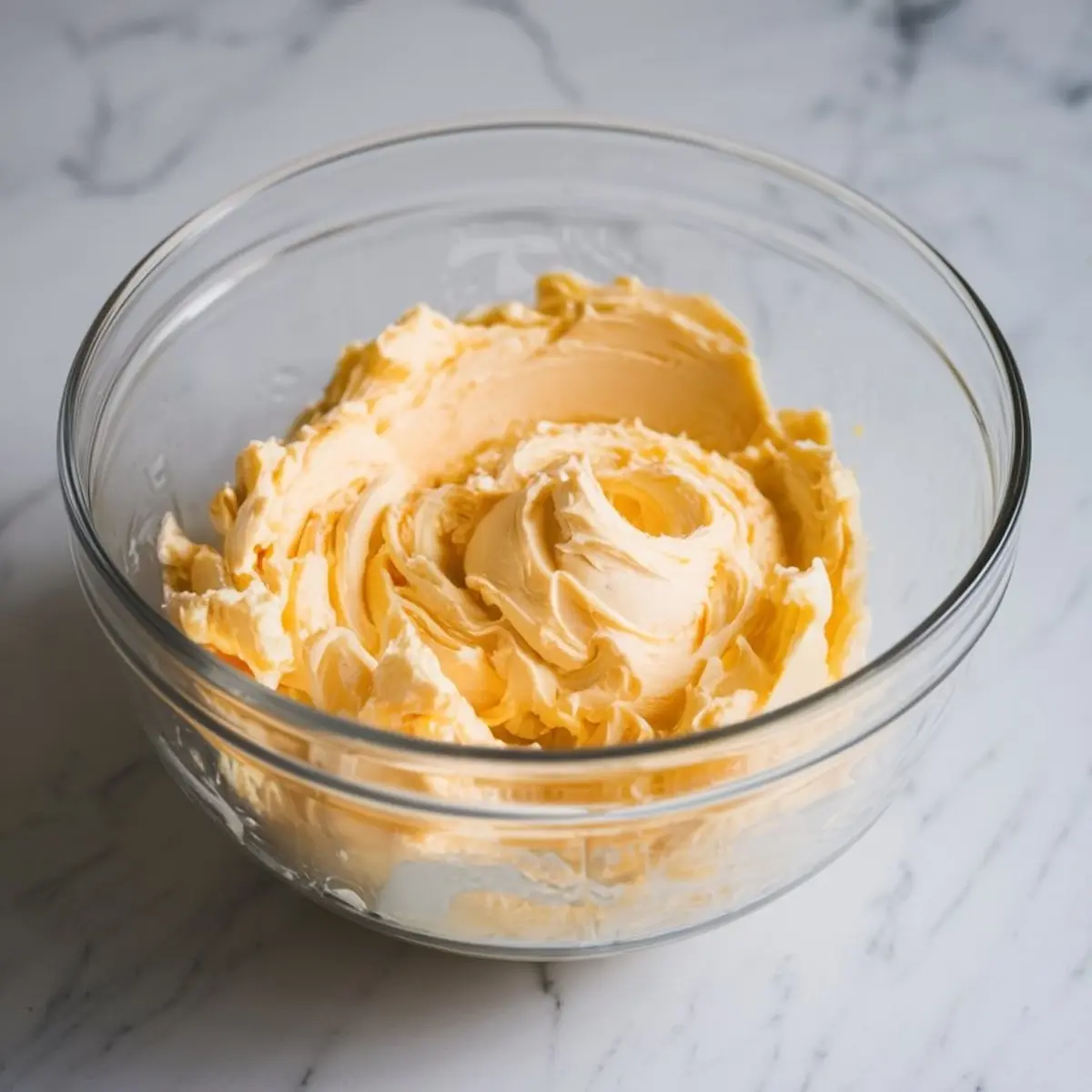 Whipped butter in a glass mixing bowl, swirled and fluffy, sitting on a white marble surface, as part of a coconut mango cookie preparation.
