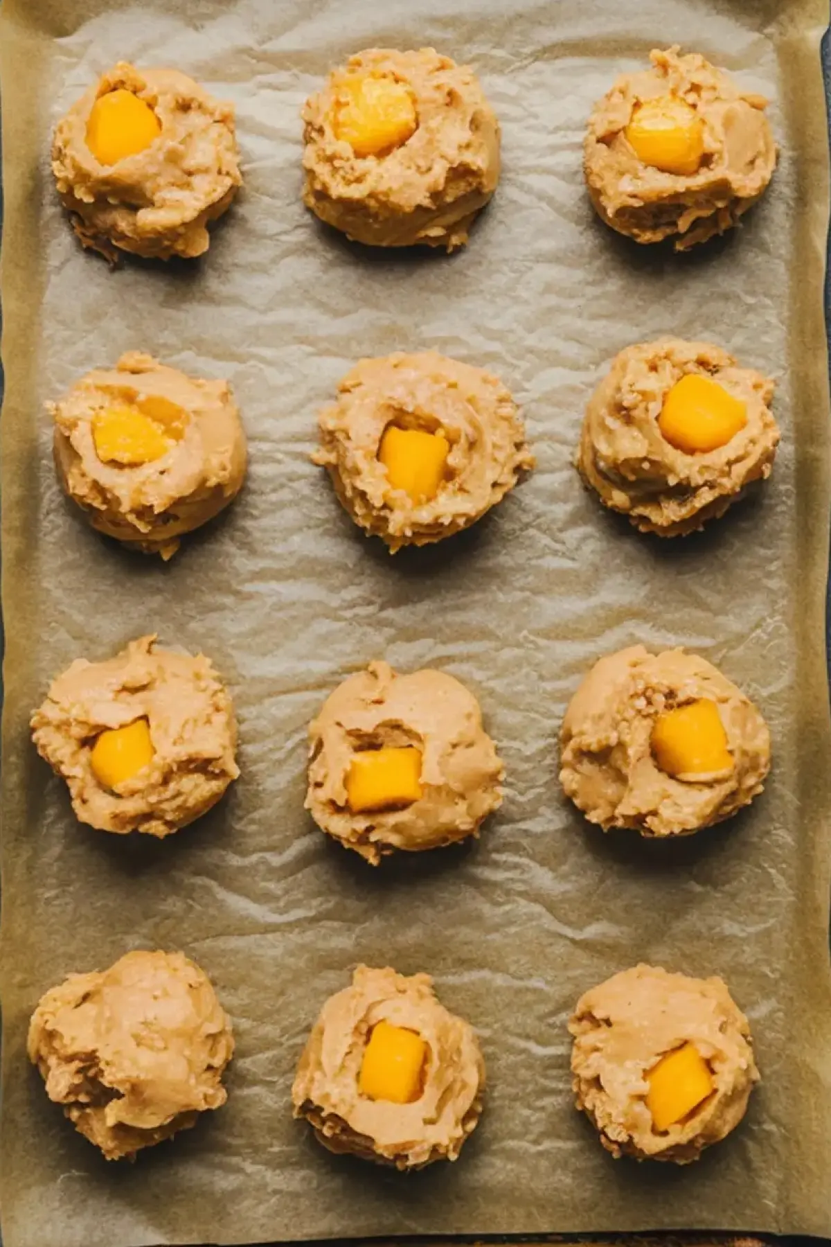 Unbaked coconut mango cookie dough scoops on a parchment-lined baking sheet, each scoop topped with a visible chunk of fresh mango.