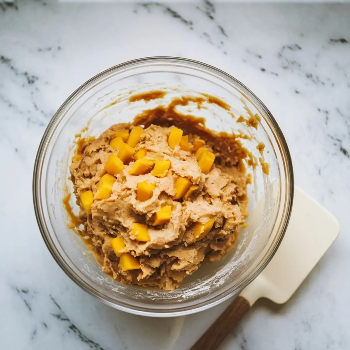Mixed coconut mango cookie dough in a glass bowl with mango chunks folded in, placed on a marble countertop next to a white spatula.