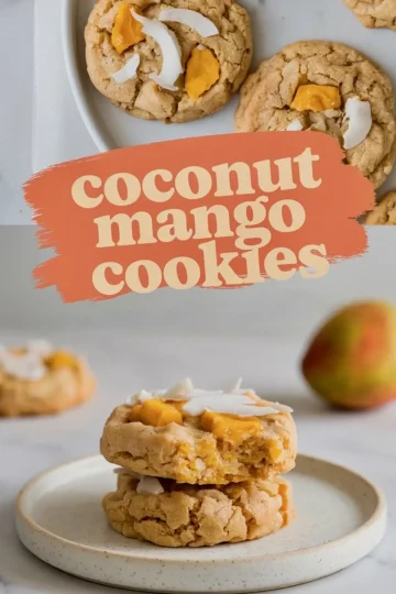 Close-up views of baked coconut mango cookies with golden mango pieces and coconut shreds on top, paired with a plate of stacked cookies and a soft focus mango in the background, overlaid with “Coconut Mango Cookies” text.