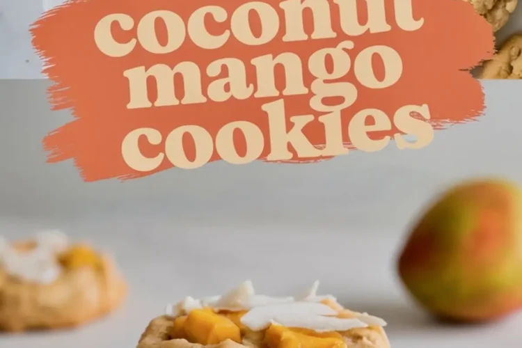 Close-up views of baked coconut mango cookies with golden mango pieces and coconut shreds on top, paired with a plate of stacked cookies and a soft focus mango in the background, overlaid with “Coconut Mango Cookies” text.