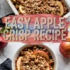 Two-part collage of a baked apple crisp in a white dish and a serving in a bowl with apple slices and oat topping, overlaid with bold “Easy Apple Crisp Recipe” text in front of apples and a marble background.