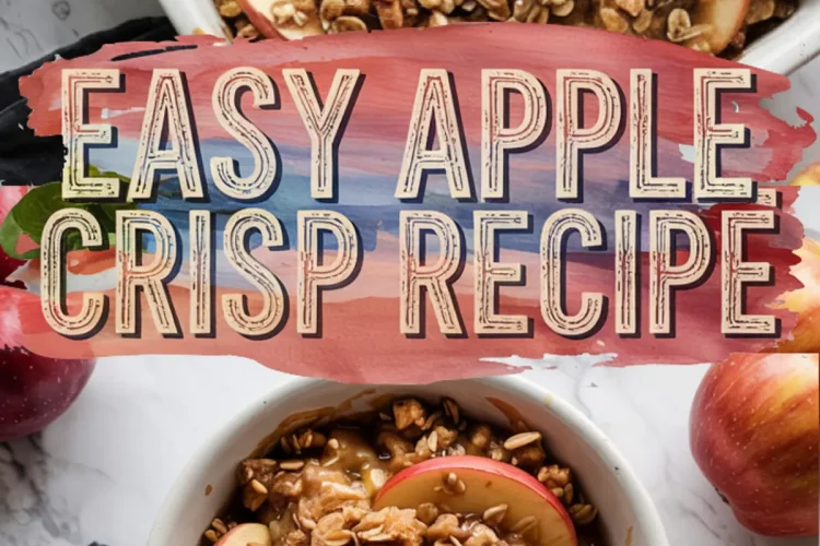Two-part collage of a baked apple crisp in a white dish and a serving in a bowl with apple slices and oat topping, overlaid with bold “Easy Apple Crisp Recipe” text in front of apples and a marble background.