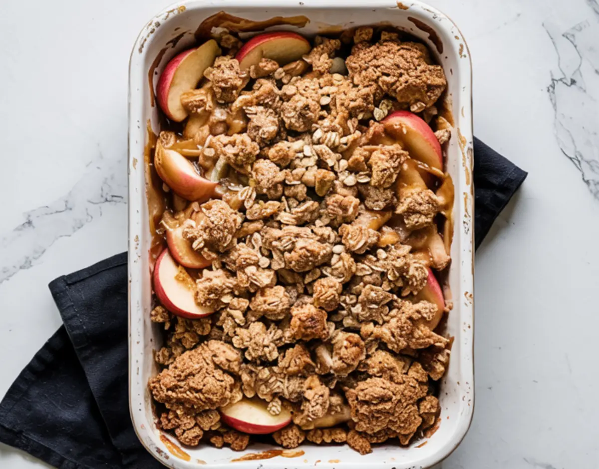 Close-up of a rectangular white baking dish filled with baked apple crisp, topped with golden oat crumble and red apple slices, placed on a black napkin.
