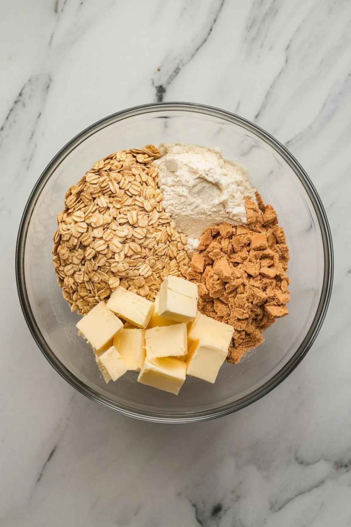 Glass mixing bowl with separate piles of rolled oats, all-purpose flour, cubed butter, and light brown sugar, placed on a white marble surface for making apple crisp topping.