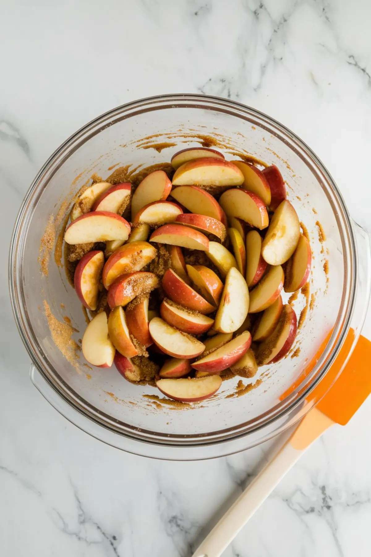 Bowl of sliced red apples tossed in brown sugar and cinnamon, showing the coated fruit mixture for a homemade apple crisp filling.