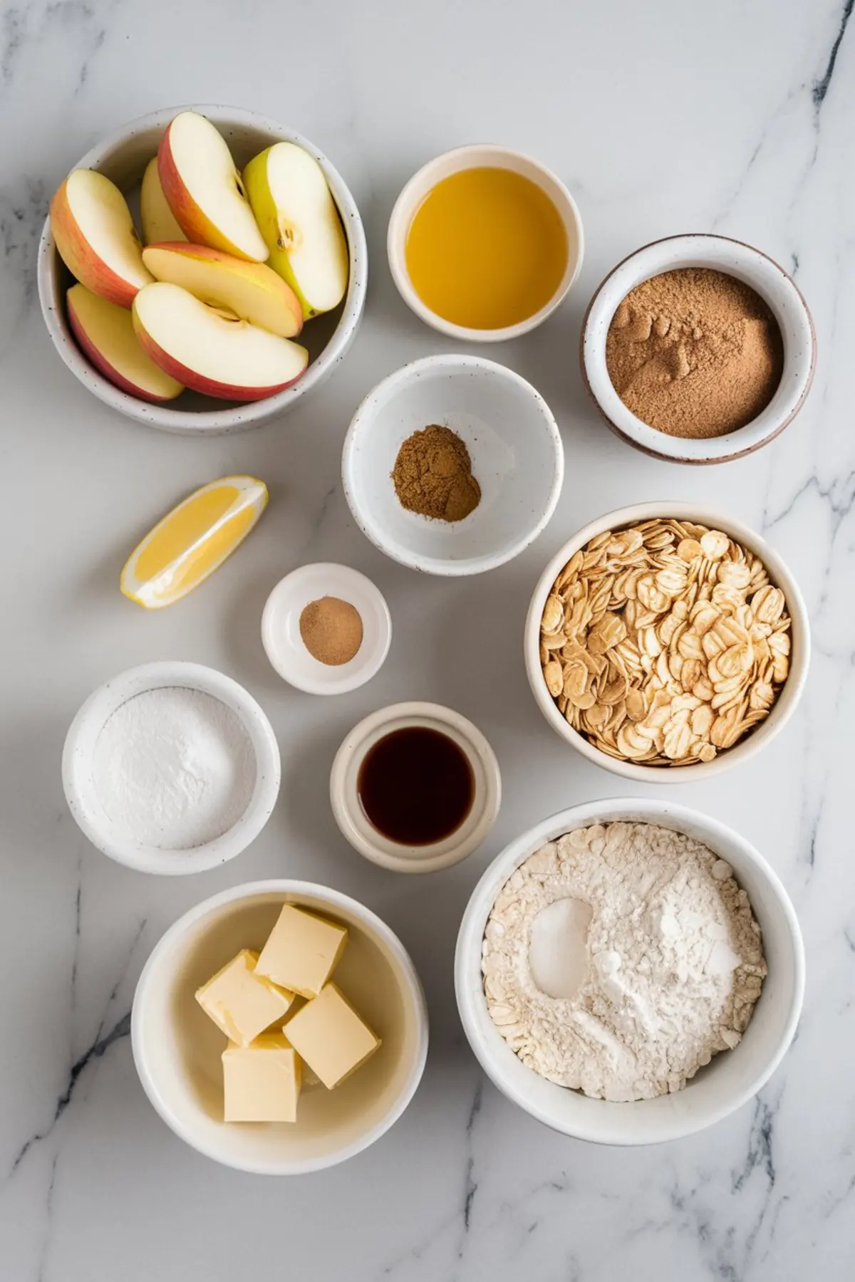 Flat lay of measured ingredients in bowls for apple crisp, including sliced apples, oats, flour, brown sugar, butter, lemon, cinnamon, nutmeg, baking powder, vanilla extract, and apple juice.