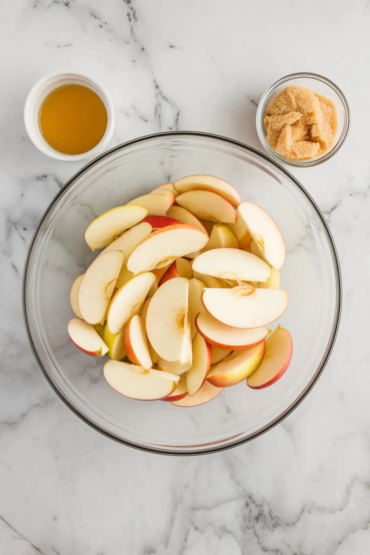 Bowl of fresh sliced apples with small bowls of apple juice and brown sugar on a white marble countertop, staged for making a baked apple dessert.