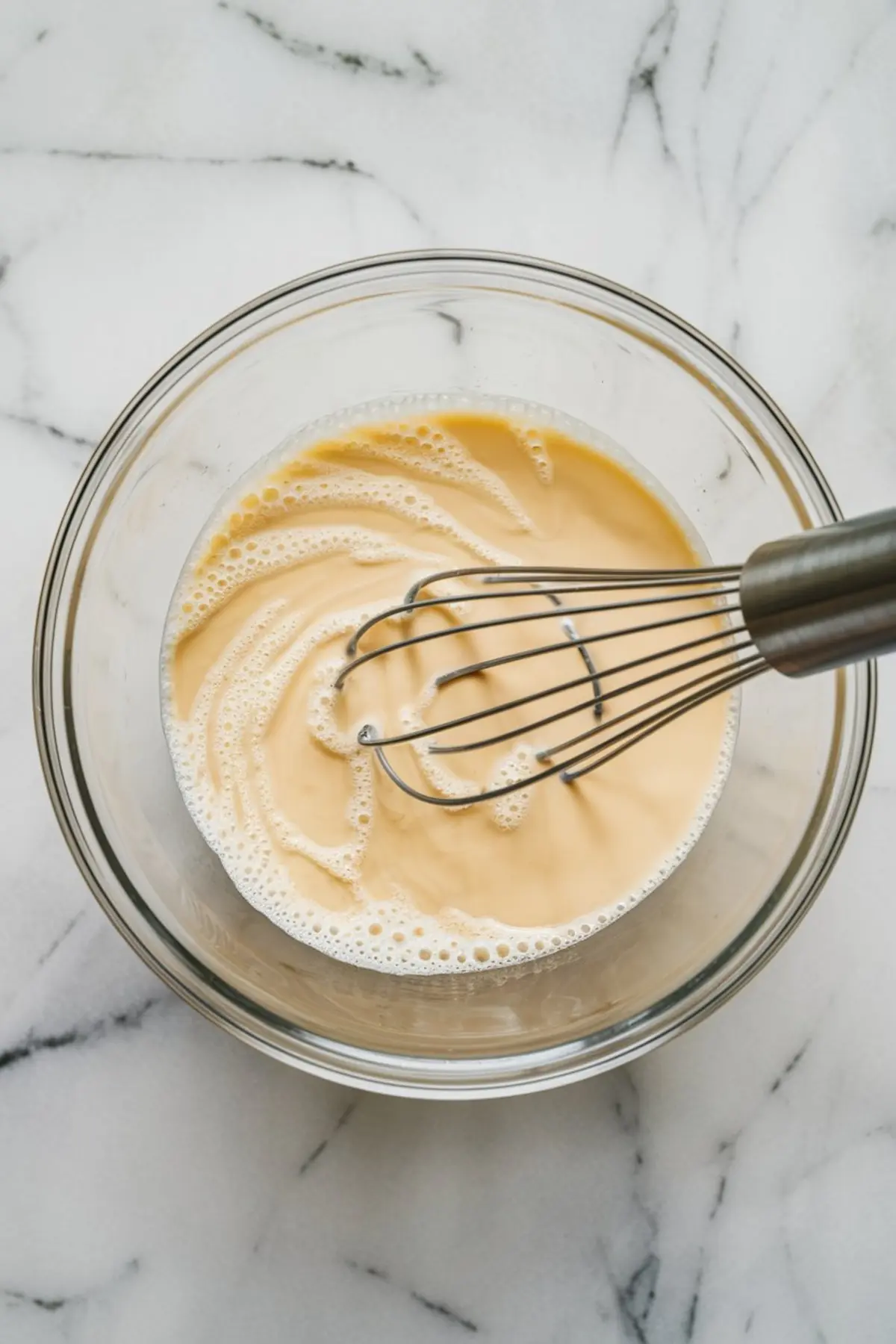 Glass mixing bowl with a stainless steel whisk stirring a light yellow custard mixture, showcasing the beginning stage of preparing banana pudding filling.
