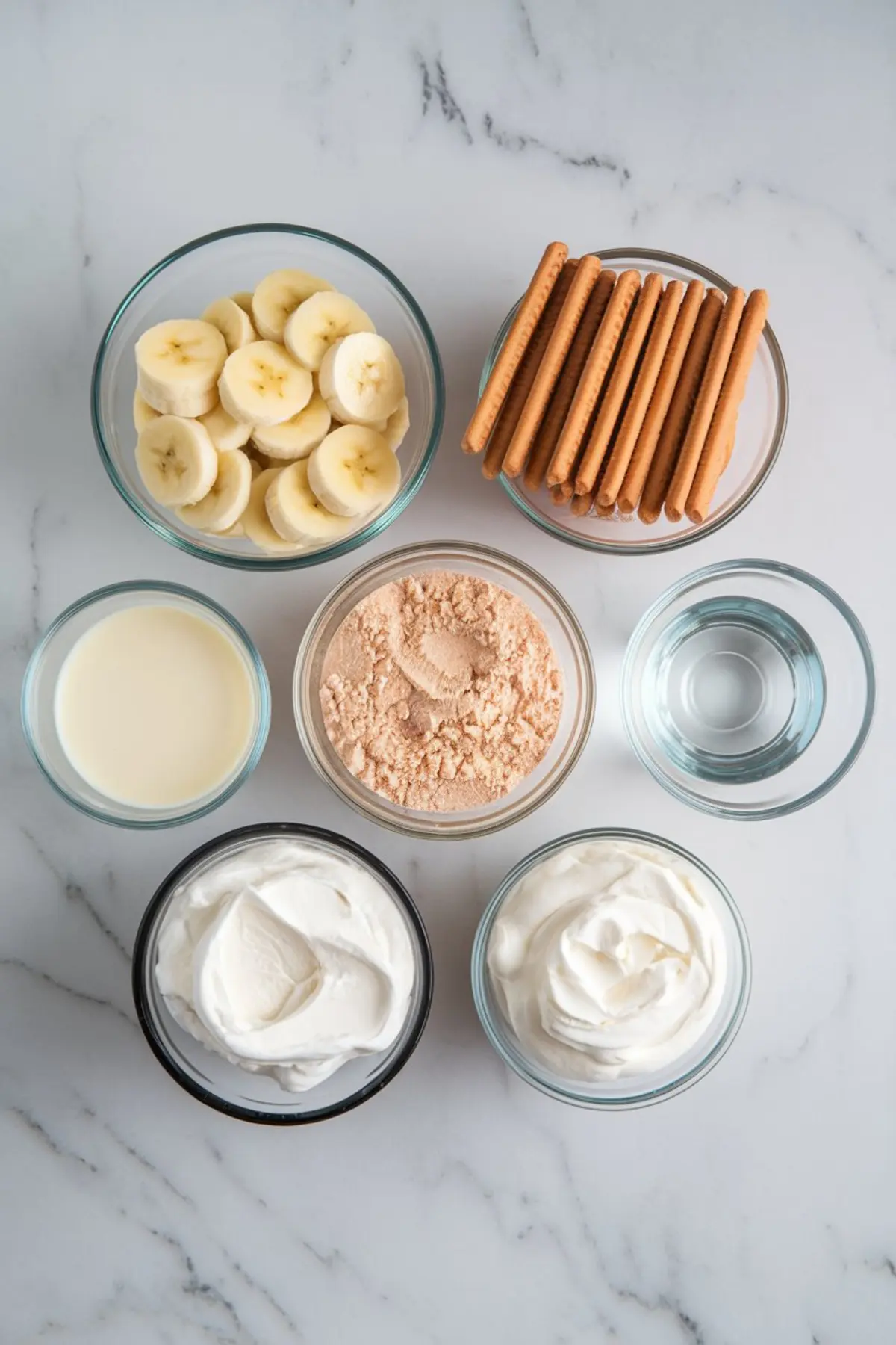 Flat lay of banana pudding ingredients arranged in glass bowls on a marble surface, including sliced bananas, vanilla wafers, pudding mix, whipped cream, water, and sweetened condensed milk.