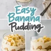 Collage featuring banana pudding in trifle dishes from various angles, highlighting layers of banana slices, vanilla wafers, and whipped cream, with a decorative “Easy Banana Pudding” label.