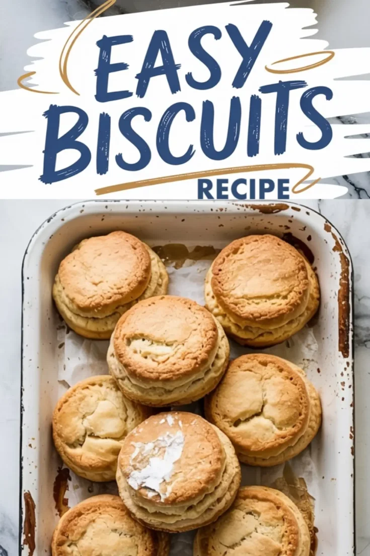 Golden brown biscuits stacked in a rustic white enamel baking tray, showcasing a fluffy, layered texture with a cracked top crust and a dusting of flour, set against a marble countertop.