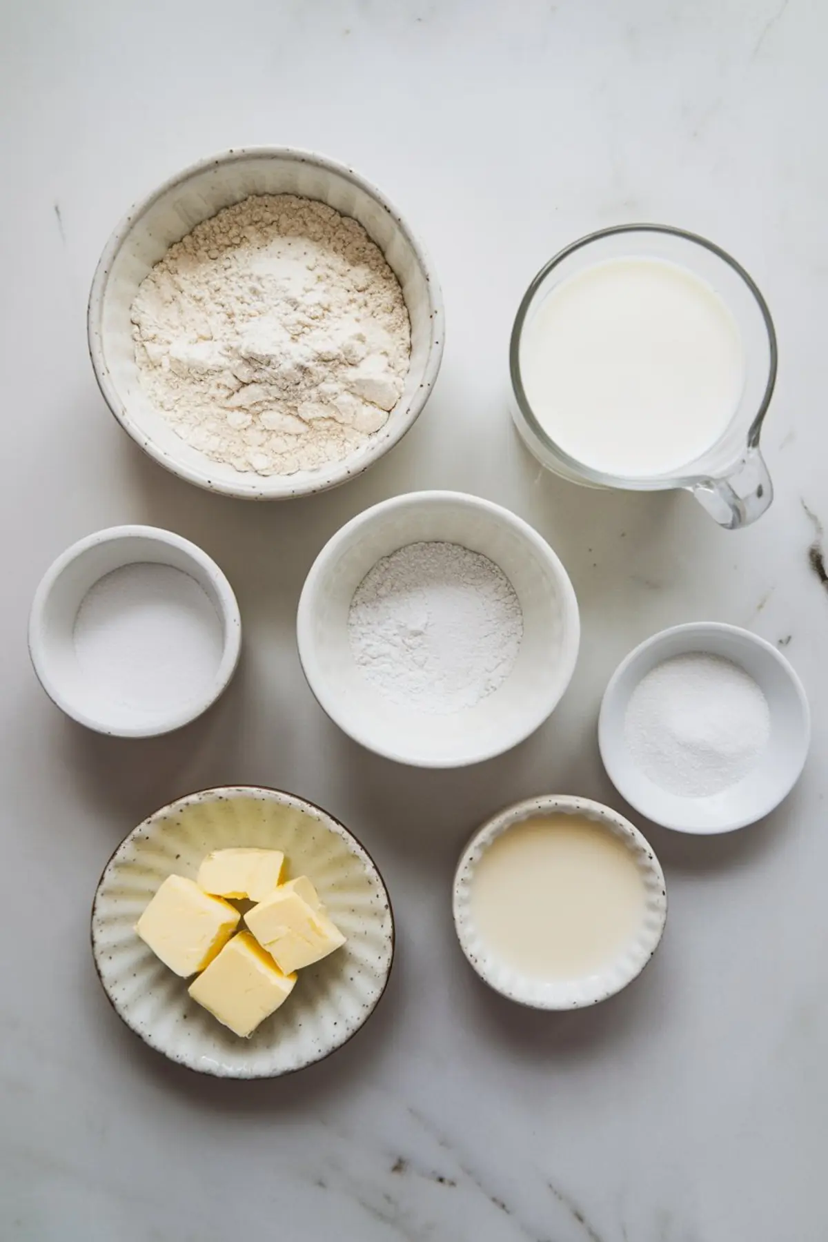 Overhead shot of biscuit ingredients arranged in small bowls on a white marble surface, including flour, milk, butter, sugar, baking powder, baking soda, and cream.