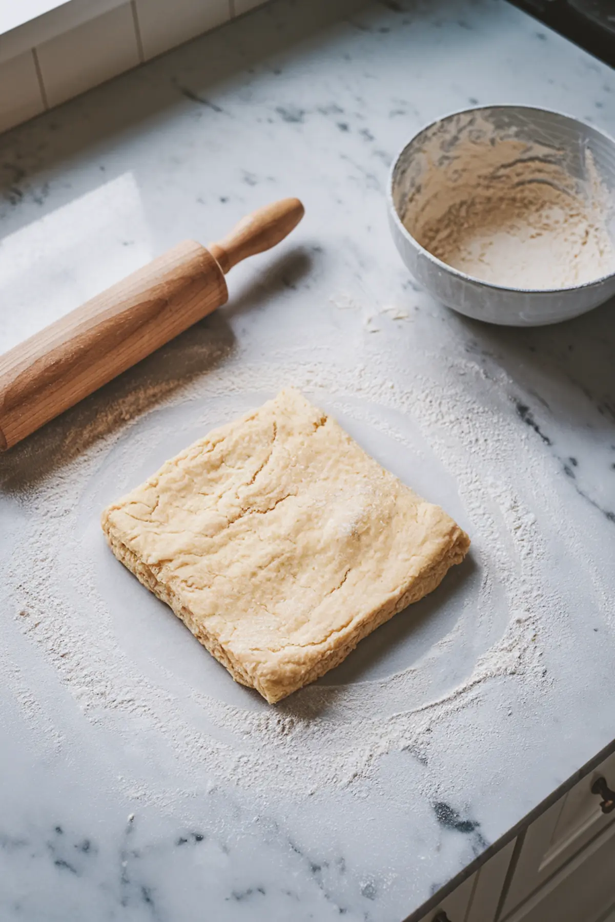 Biscuit dough rounds arranged on parchment paper, ready to bake, with clean-cut edges and a rustic, grainy surface texture.