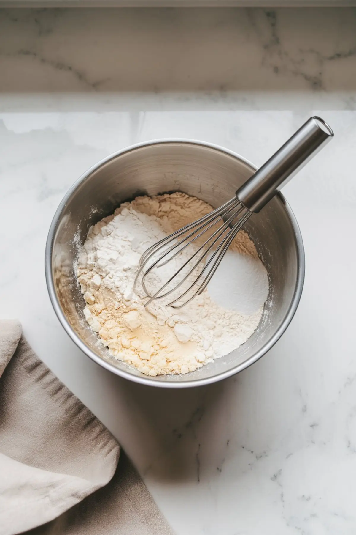 Mixing bowl with dry biscuit ingredients being whisked together, including flour, baking powder, and sugar, placed on a marble countertop with a beige cloth nearby.