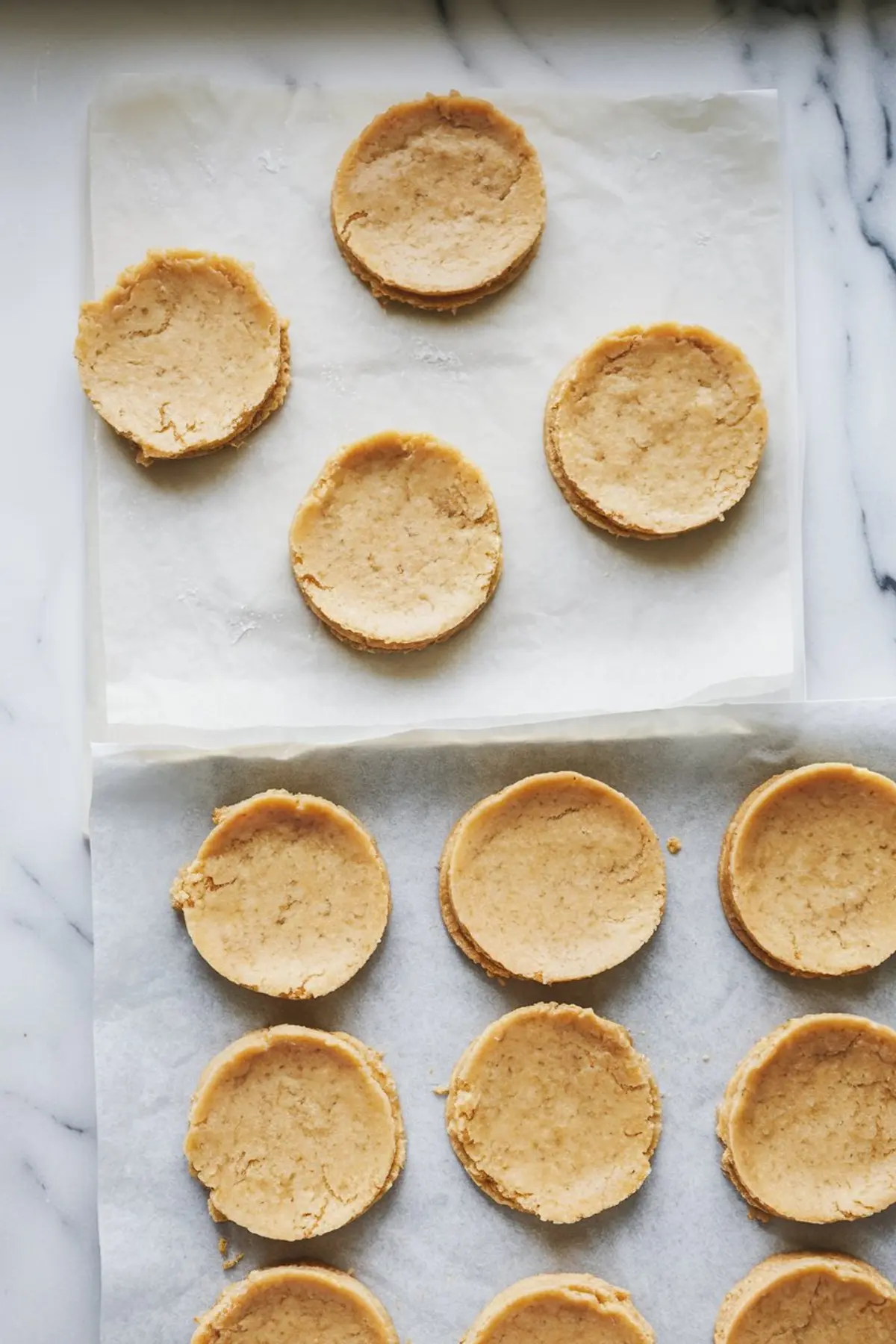 Biscuit dough rounds arranged on parchment paper, ready to bake, with clean-cut edges and a rustic, grainy surface texture.