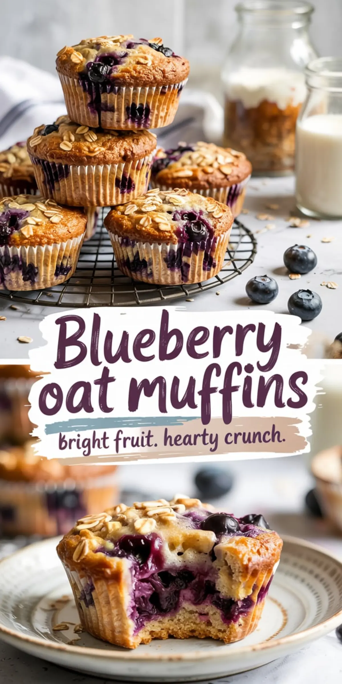 Stacked blueberry oat muffins with golden-brown tops and visible oats, placed on a cooling rack, paired with a close-up of a muffin with a moist blueberry-filled center on a ceramic plate.