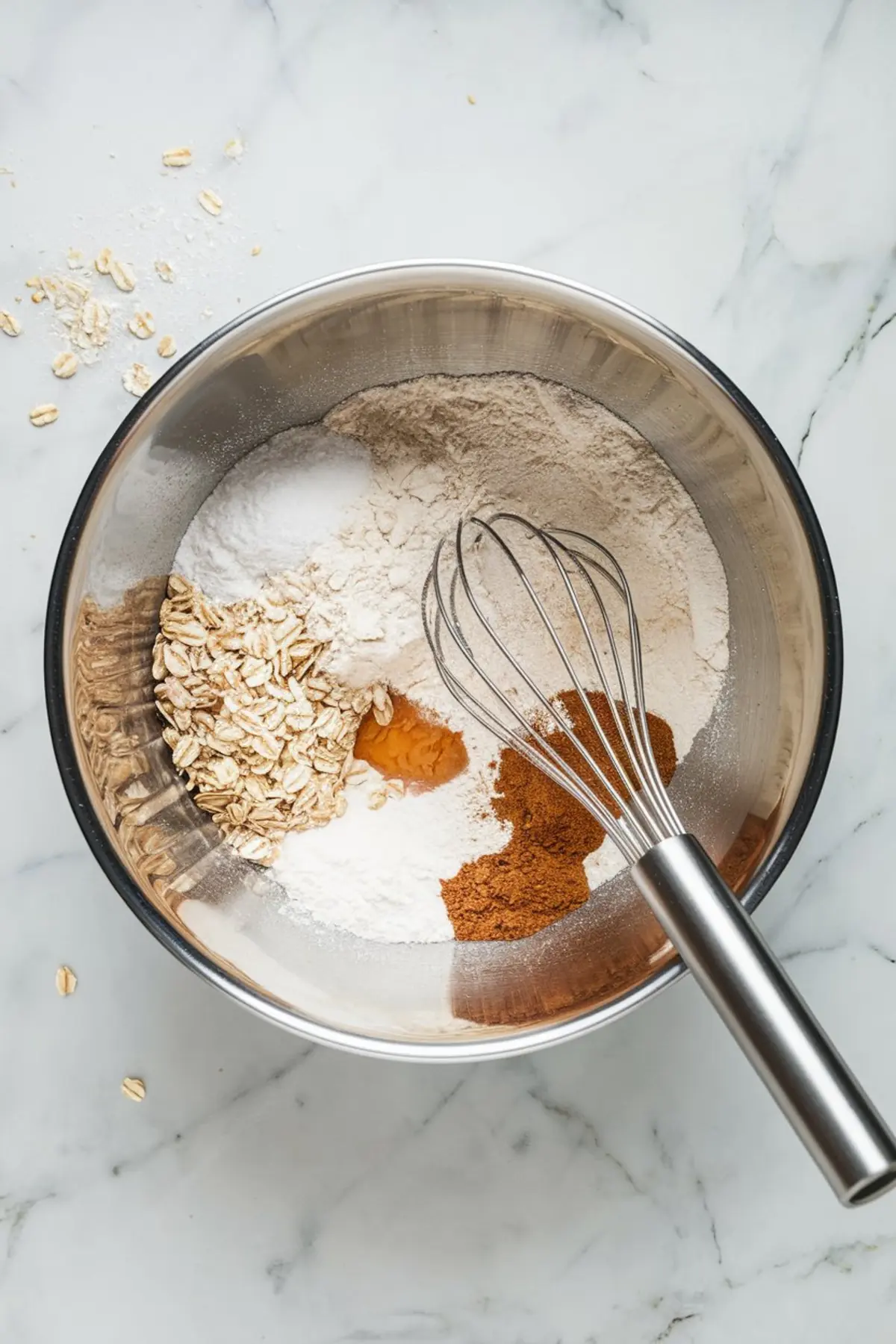 Top view of dry muffin ingredients in a mixing bowl with a whisk, showing flour, oats, baking powder, turmeric, cinnamon, and sugar on a marble countertop.