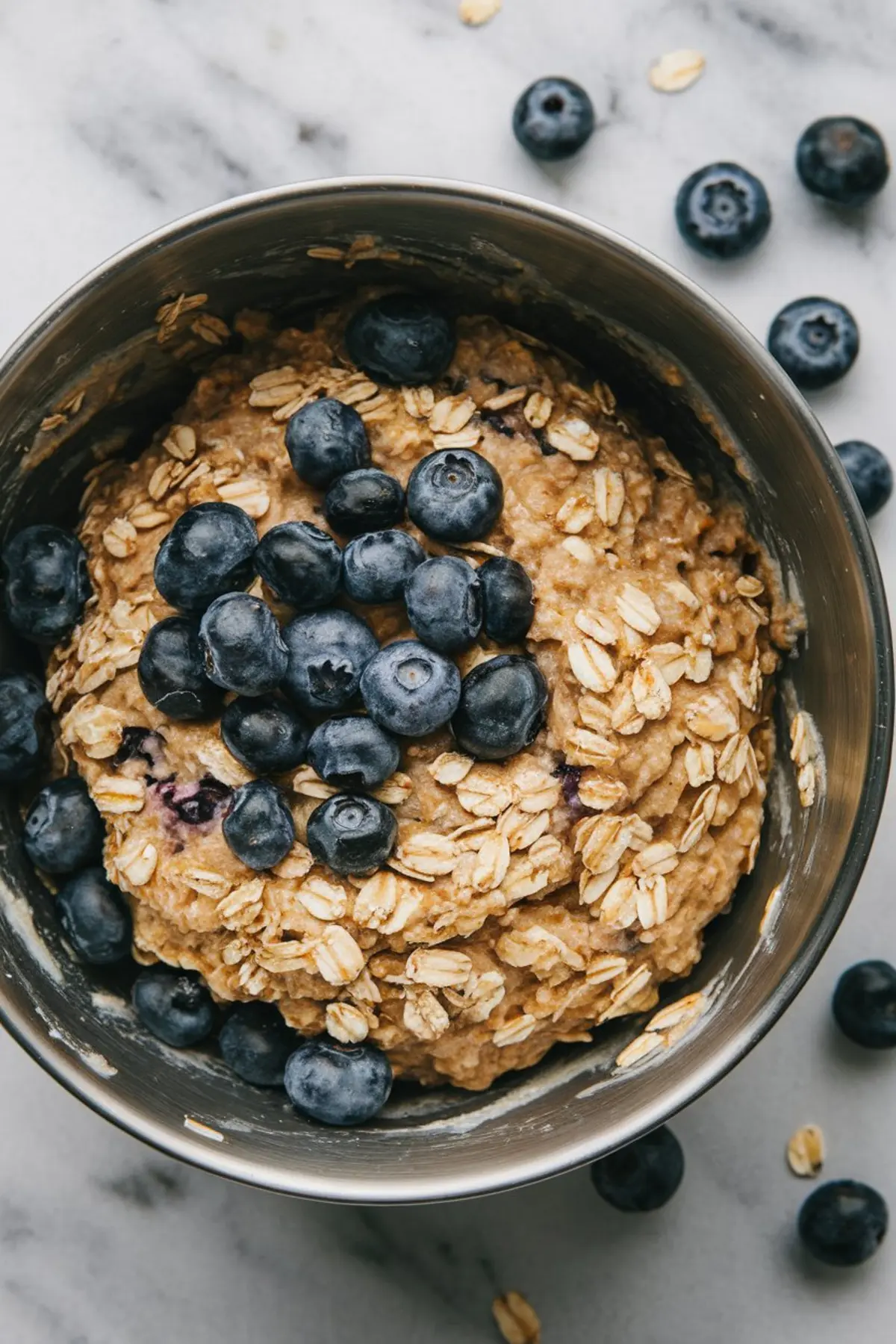 Close-up of blueberry muffin batter in a metal bowl with whole oats and fresh blueberries, ready to be scooped into baking tins.