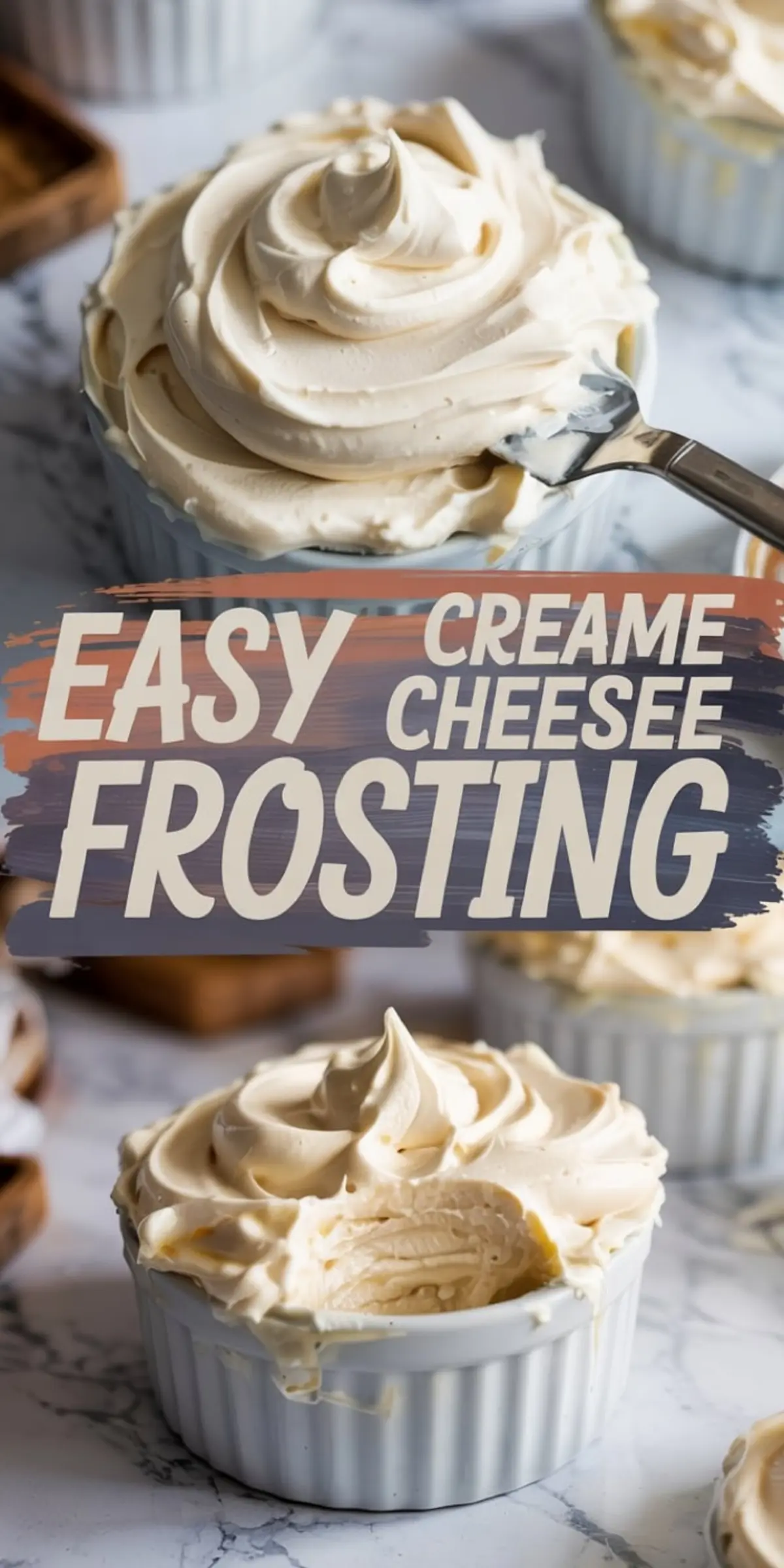 Luscious cream cheese frosting scooped and swirled into a ramekin with visible bite marks, displayed with text overlay promoting easy homemade frosting.
